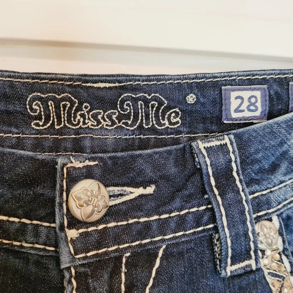 Miss Me Mid rise cropped sequin embroidered blue jean size 28 Glam Y2K Bling